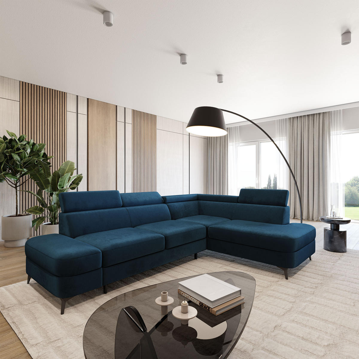 ECKSOFA AVISE M R-S Blau Velours-Stoff mit Schlaffunktion - Blau, Holzwerkstoff/Textil (268/195cm) - MASSENO