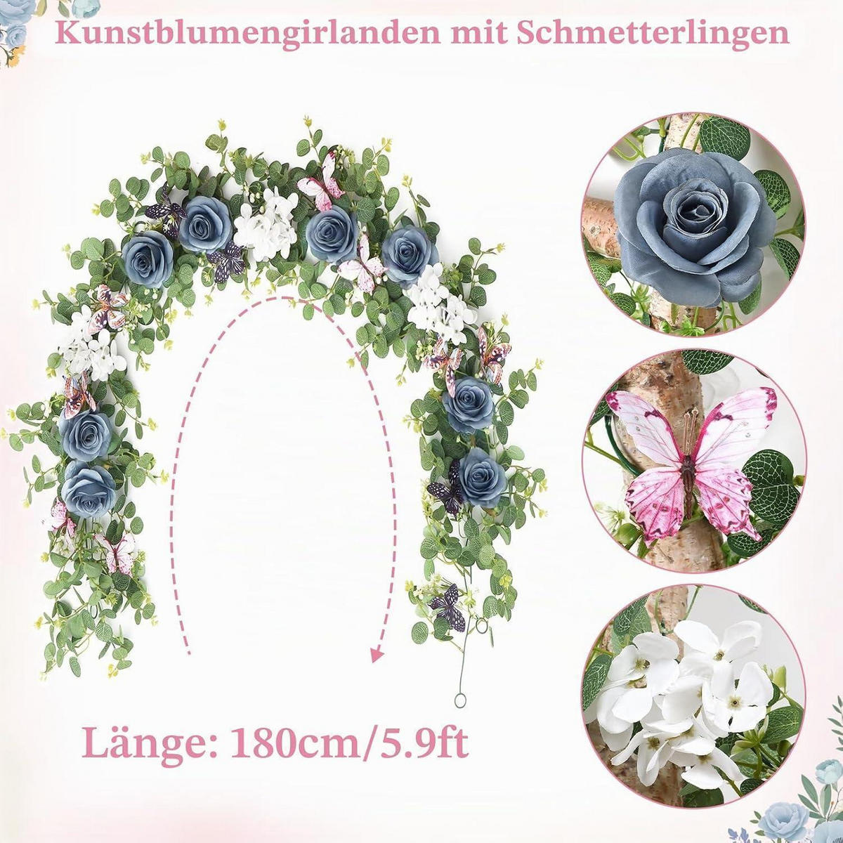KÜNSTLICHE Blumengirlande 2-teiliges Set Eukalyptus mit Schmetterlingen 1,8m - Multicolor, Textil (5cm)