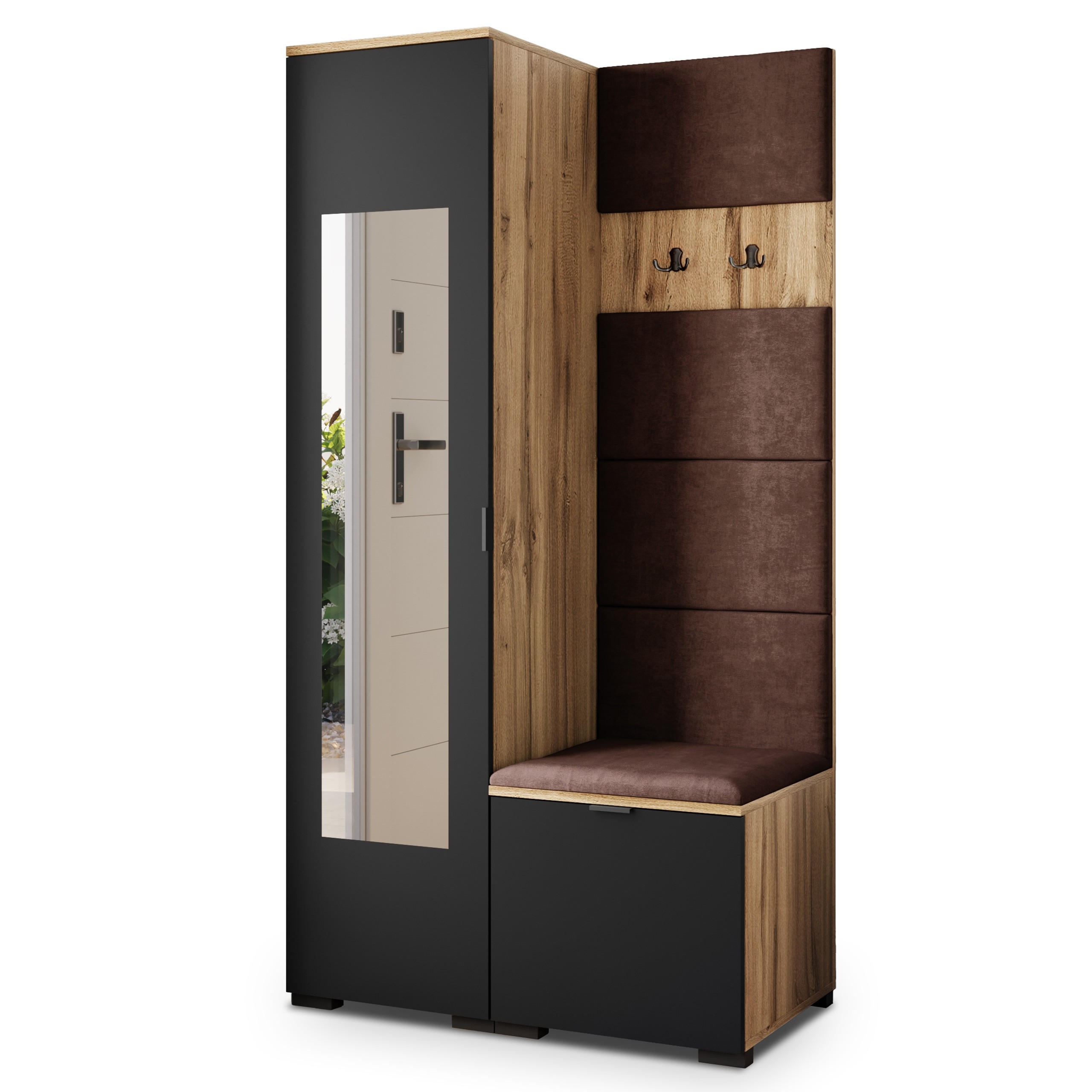 Masseno Garderobenschrank Eiche Wotan, Schwarz, Braun 95x181x51 cm