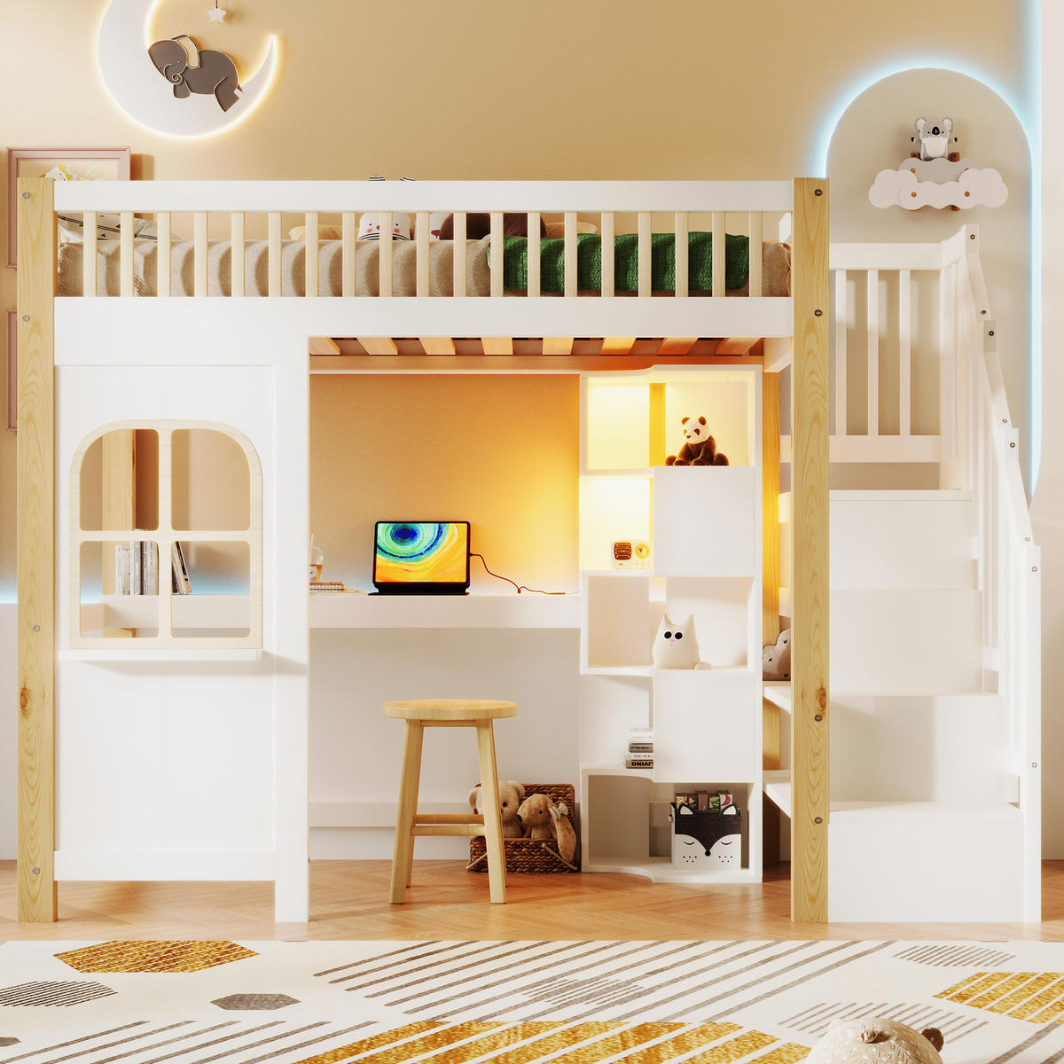 HOCHBETT 90x200cm Weiß + Natur LED-Licht Fensterform Schreibtisch - Multicolor, Holz (90/200cm) - FLIEKS