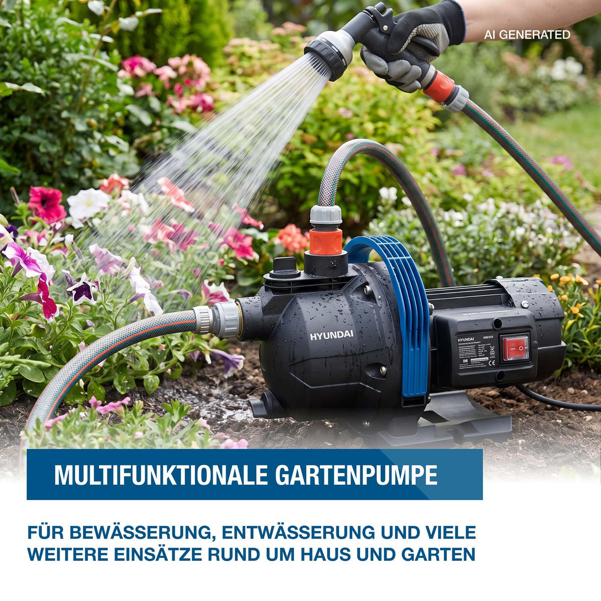 GARTENPUMPE GP80037 (800W, 3.600 l/h, Förderhöhe max. 40m, Ansaughöhe max. 7m) - Schwarz, Kunststoff (19.8/20.7/34.6cm) - HYUNDAI