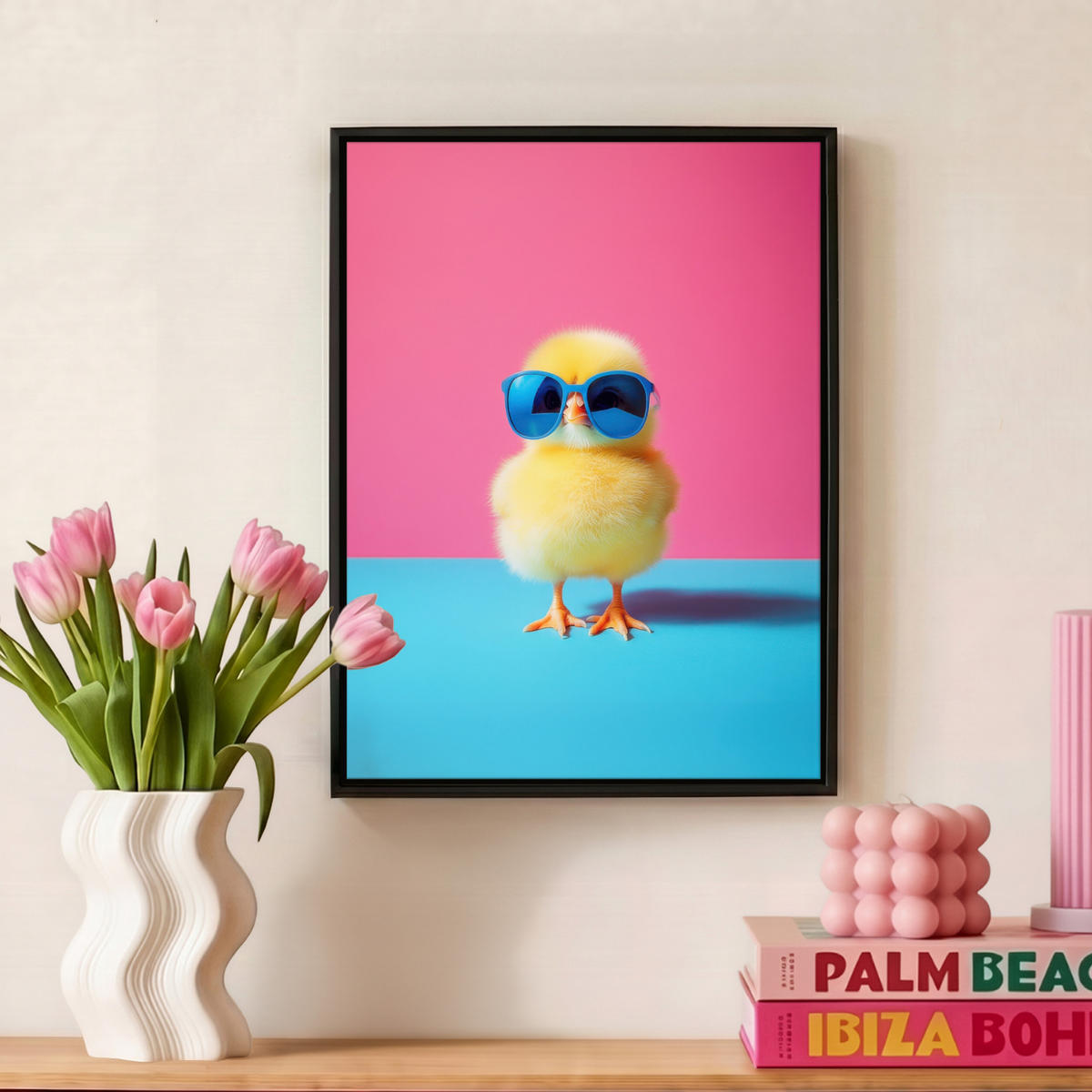 LEINWAND Bilder mit Rahmen - Chick - Sonnenbrille - Blau - 30x40 - Pink, Textil (30/40cm) - MuchoWow