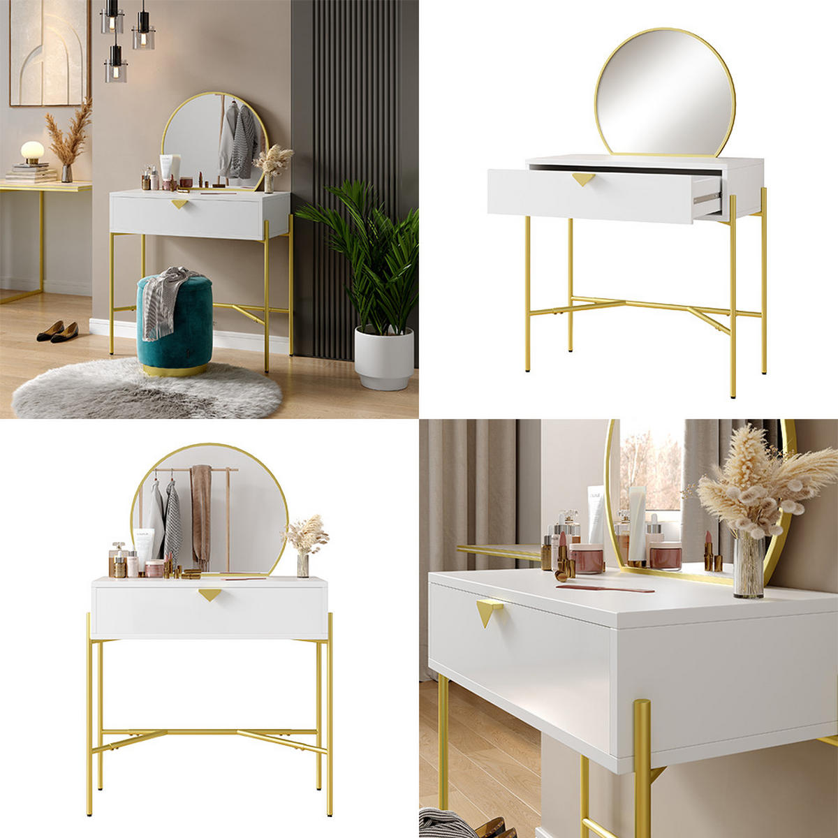 FRISIERTISCH MIT SPIEGEL Melissa Weiß 84.4 cm mit Schublade - Goldfarben/Weiß, Holzwerkstoff (84.4/130/40cm) - Vicco