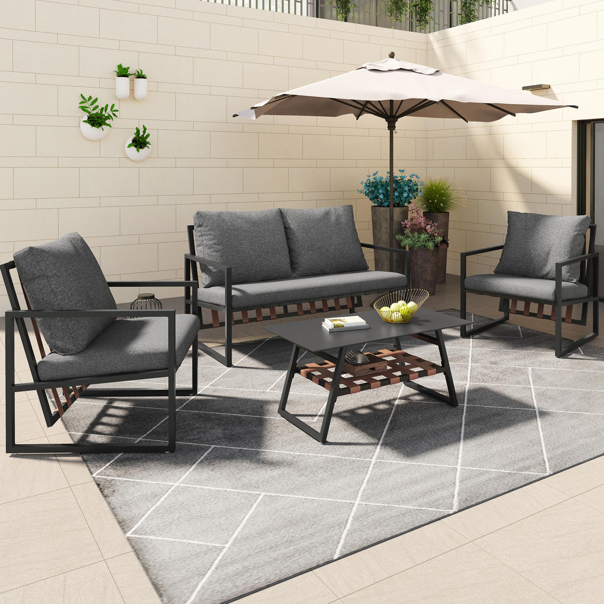 GARTENLOUNGE 114/57/80 cm schwarz aus PVC mit Couchtisch und Kissen - Schwarz, Kunststoff - OKWISH