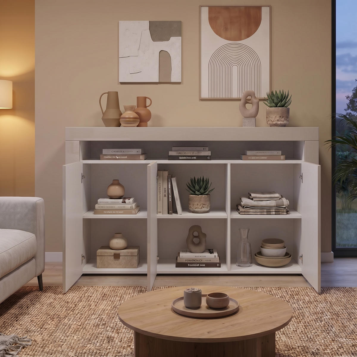 SIDEBOARD Valencia Bijela mat/Pješčano siva visoki sjaj/Pješčano siva visoki sjaj (155 x 92 x 40 cm) - boje pijeska, drvni materijal (155/92/40cm) - Vladon