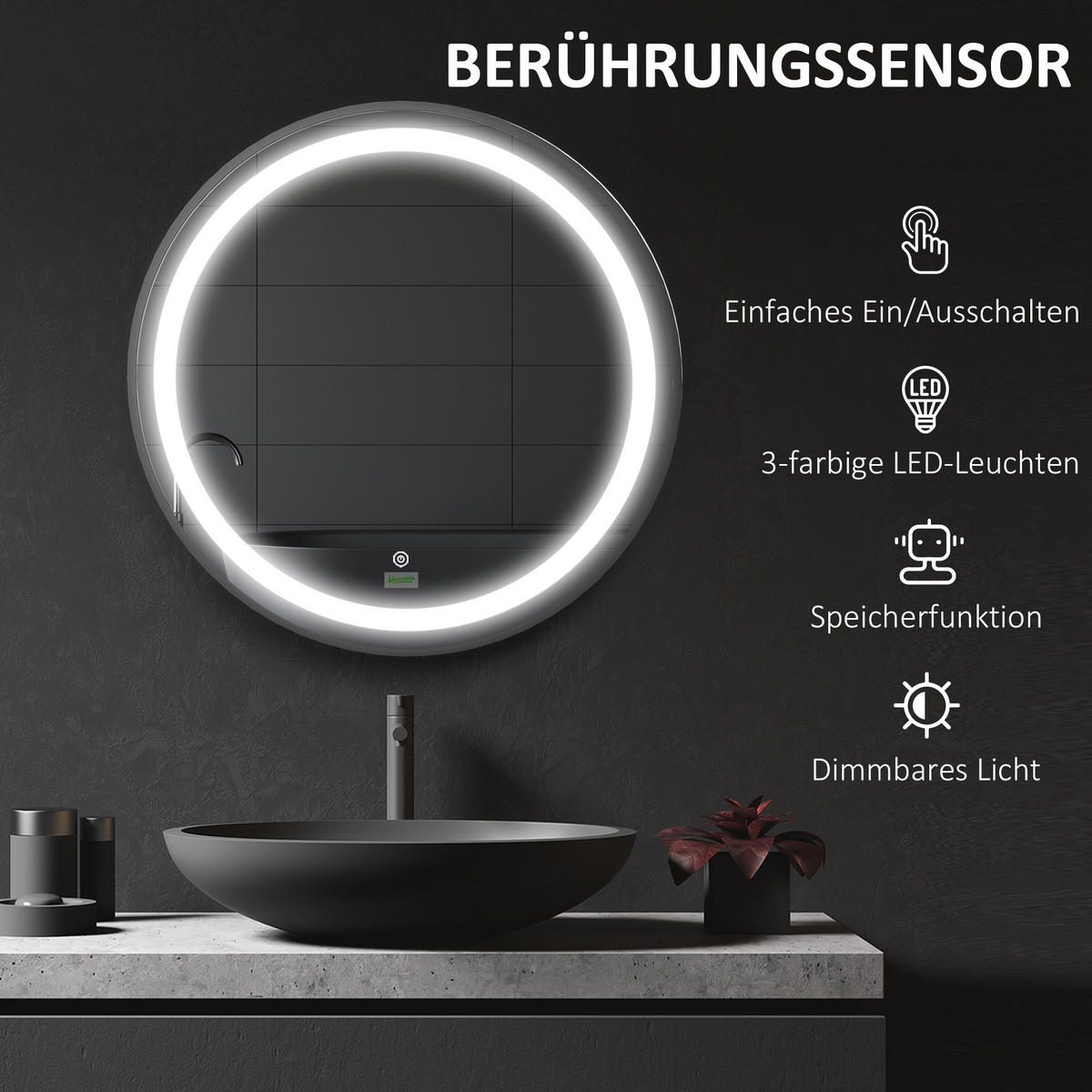 BADEZIMMERSPIEGEL, Ø60cm, mit 3 Lichtfarben, Memory-Funktion, IP44, Schwarz - Schwarz, Glas (60/4/60cm) - Kleankin