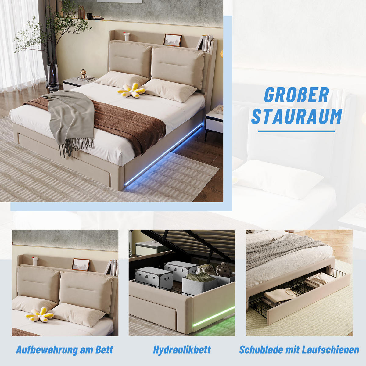 POLSTERBETT 180/200 cm Beige mit hydraulischem Bettkasten und LED-Beleuchtung - Beige, Textil (180/200cm) - OKWISH