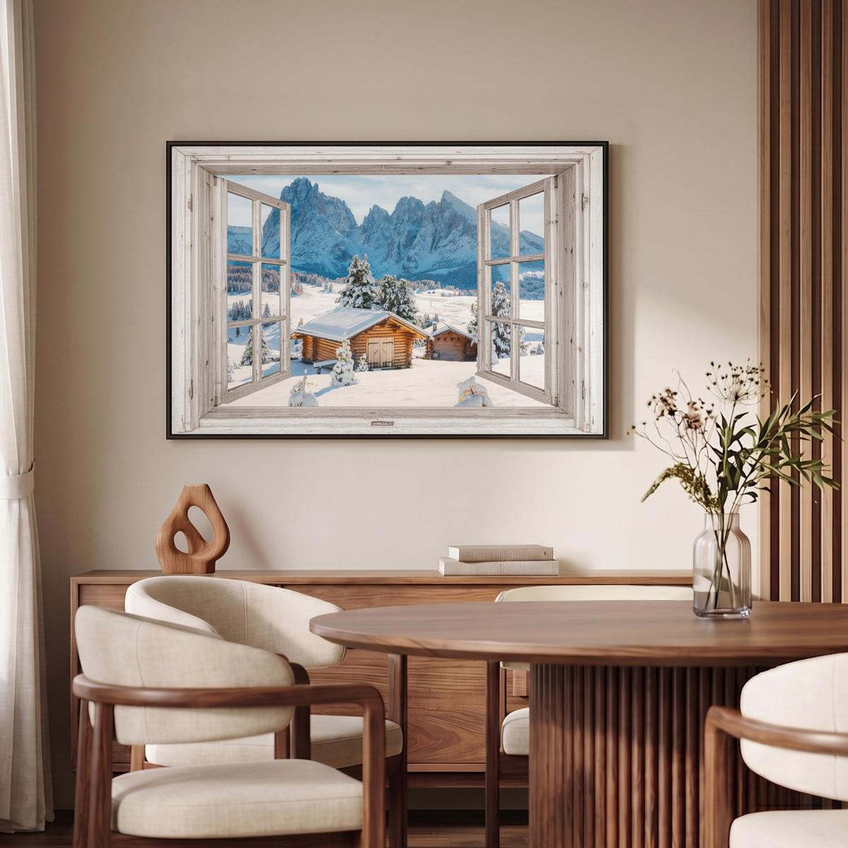 LEINWAND Bilder mit Rahmen - Winterlandschaft - Hütte - Berge - Ausblicke - Aussicht - Natur - 90x60 - Weiß Hochglanz, Textil (90/60cm) - MuchoWow