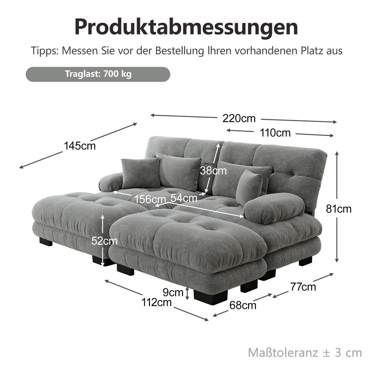 2-SITZER-SOFA DE-34065 modular mit 2 Ottomans Grau - Grau, Holz (145/81/220cm) - ComfortXL