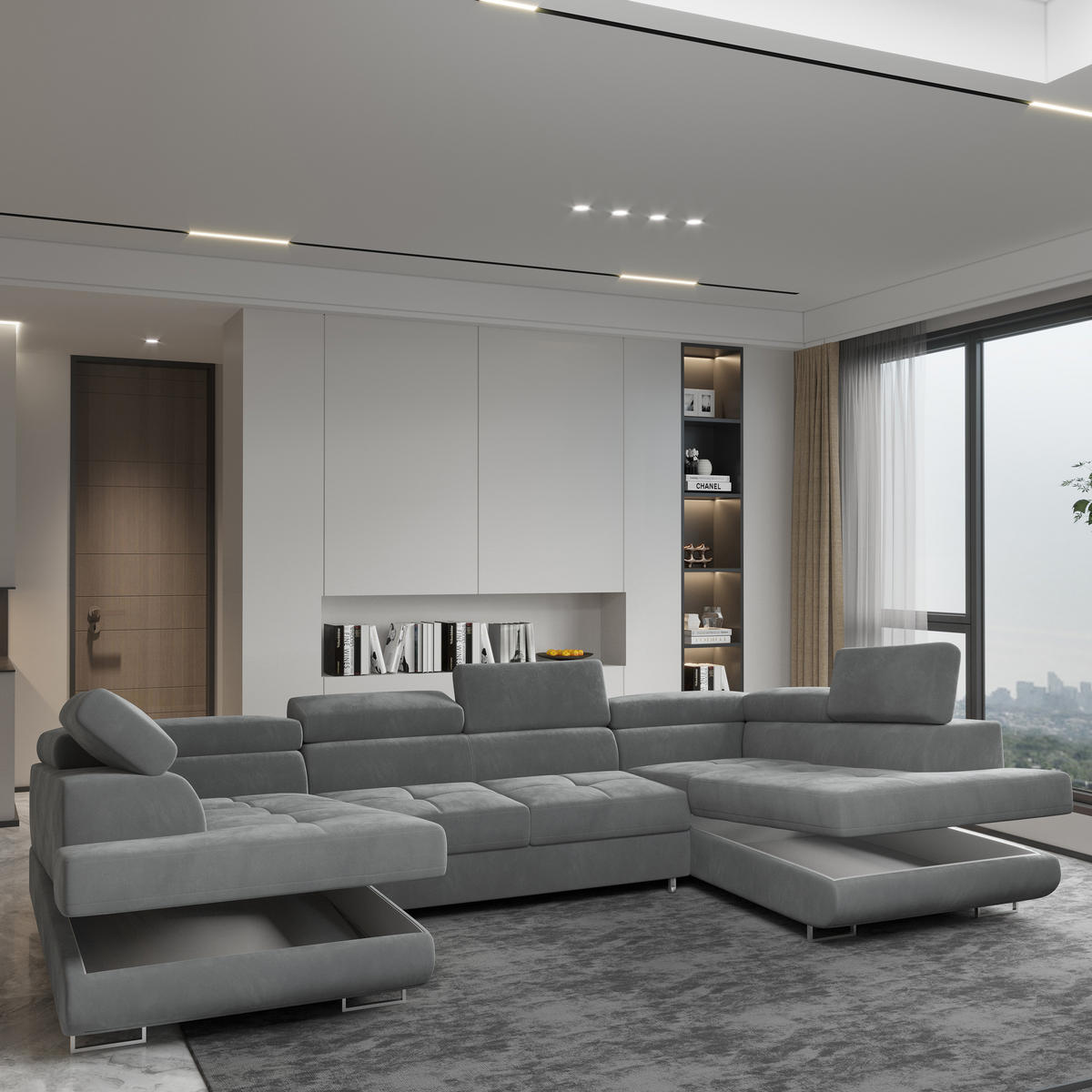 WOHNLANDSCHAFT RAGGIO Grau Velours-Stoff mit Schlaffunktion - Grau, Holz (336/90/202cm) - MASSENO