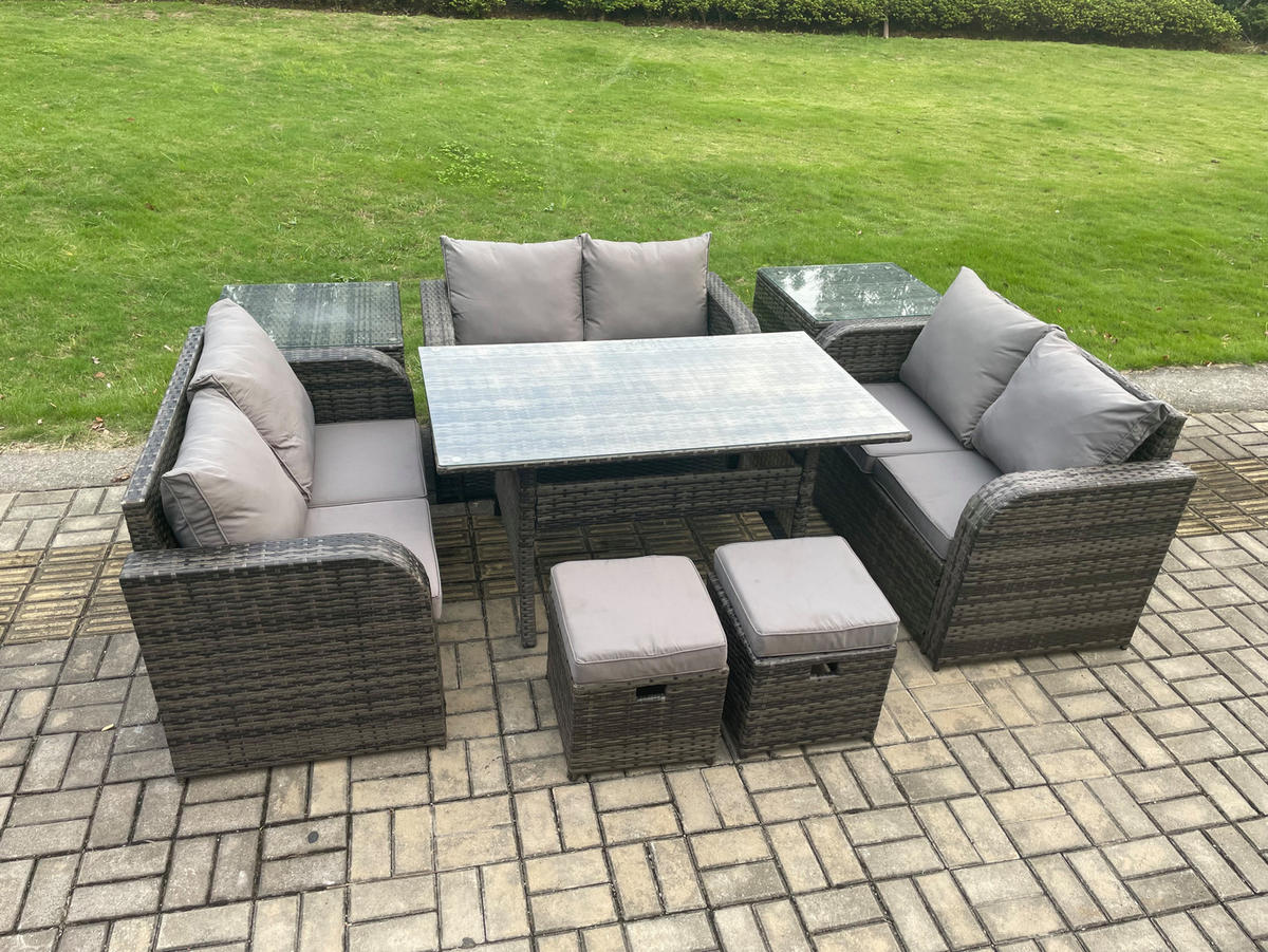 SITZGRUPPE mit Esstisch,Zweisitzer,2 Hockern,Beistelltischen Polyrattan 8-Sitzer - Dunkelgrau/Grau, Glas/Kunststoff - Fimous