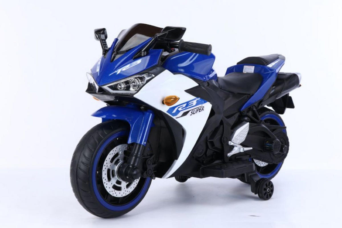 KINDER ELEKTROMOTORRAD 888 blau Stützräder, Musikfunktion, LED-Scheinwerfer, Batterieanzeige - Blau, Kunststoff (118/48/65cm) - Es-Toys