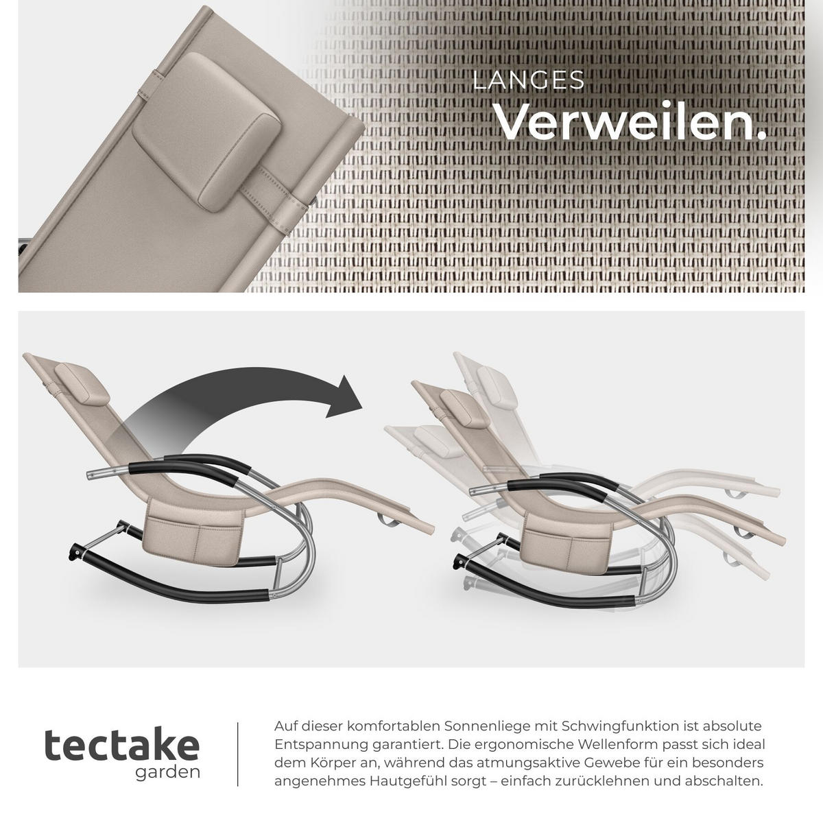 GARTENLIEGE Taya, abnehmbares Kopfpolster, seitliche Aufbewahrungstasche, beige - Beige, Kunststoff (62/92/142cm) - tectake