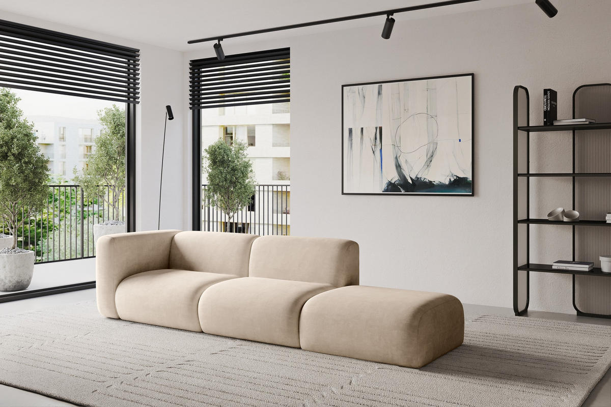 SOFA Ottomane Links MIRA-S3 296x89x70 Beige Velours - Greige/Beige, Holzwerkstoff/Kunststoff (296/70/89cm) - ALTDECOR