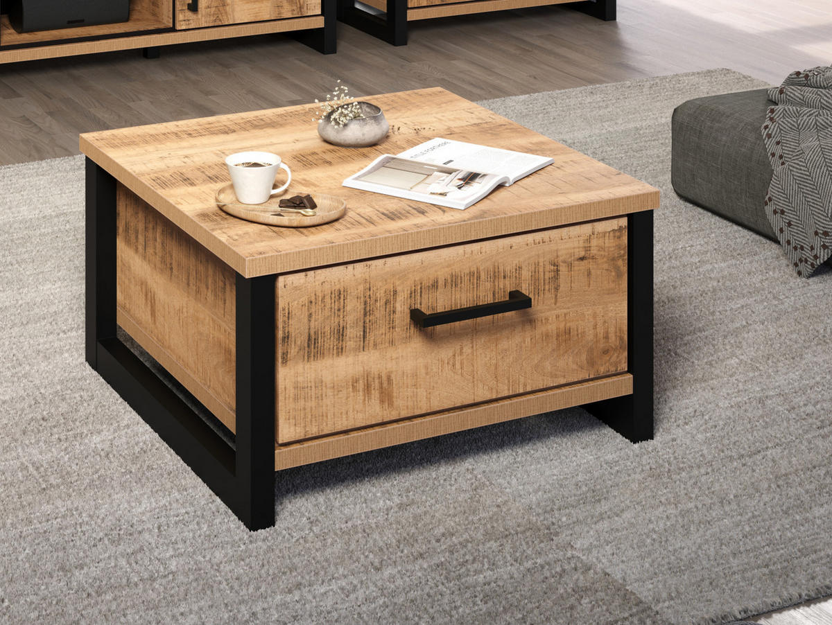 COUCHTISCH Mango, schwarz quadratisch 80 x 80 cm, Beistelltisch mit zwei Schubladen - Schwarz/Naturfarben, Holzwerkstoff/Kunststoff (80/80/45cm) - Top.Furn