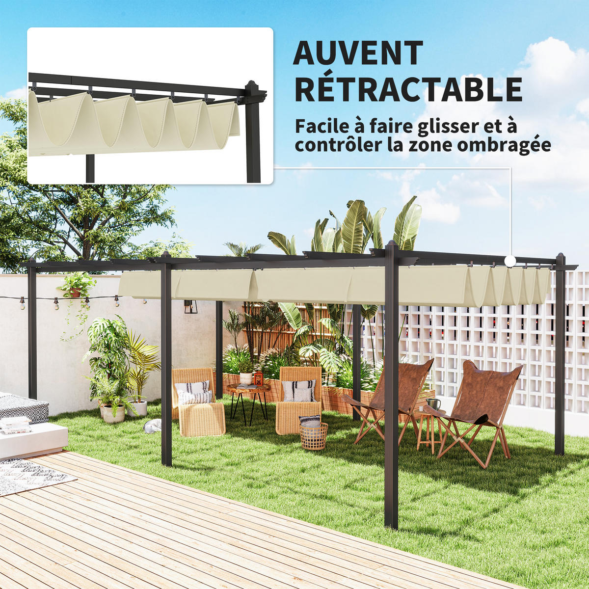 PERGOLA DE-12645 350/600 cm ausziehbar mit Alurahmen Beige - Beige, Metall (358/223/597cm) - ComfortXL