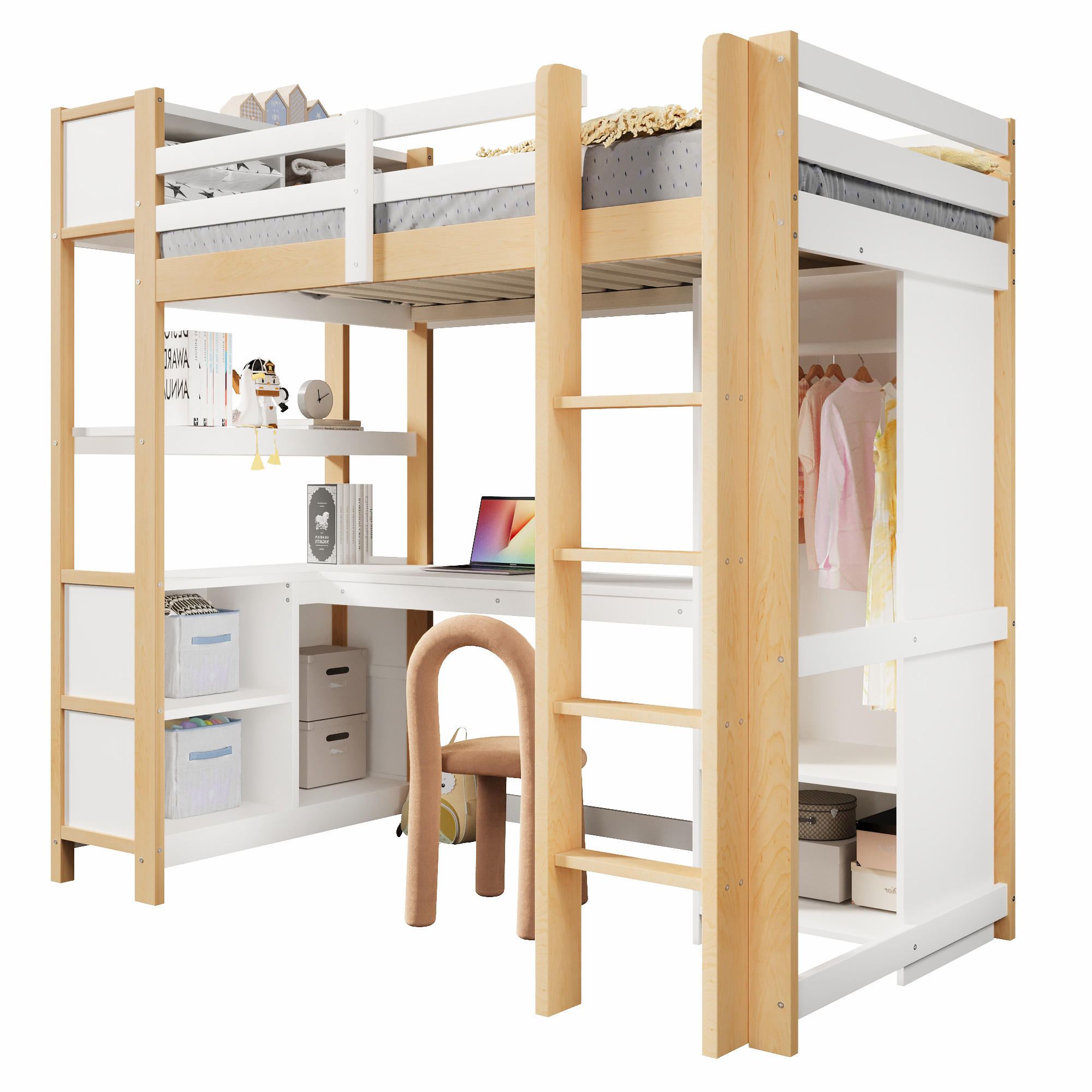 HOCHBETT 90/200 cm in Weiß/Natur mit Schreibtisch, Regalen und Kleiderschrank aus Kiefer - Naturfarben, Holz/Holzwerkstoff (90/200cm) - CHICFURN