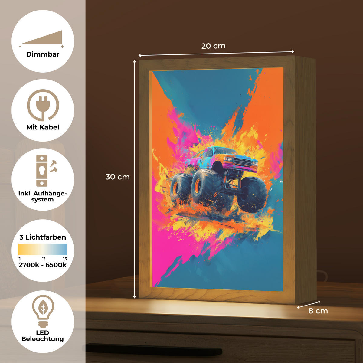 NACHTTISCHLAMPE Monstertruck - Abstrakt - Farbspritzer - Farbenfroh 20x30 cm - Pink, Holzwerkstoff (8/20/30cm)