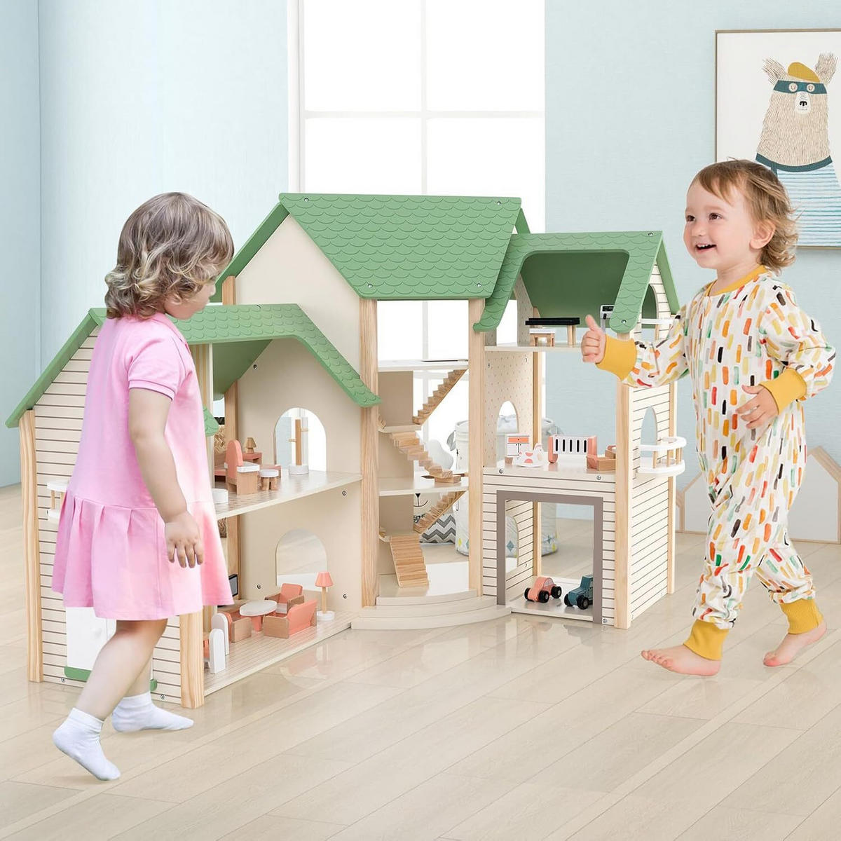 PUPPENHAUS 83cm Grün - Grün, Holz (37/83/87cm) - COSTWAY