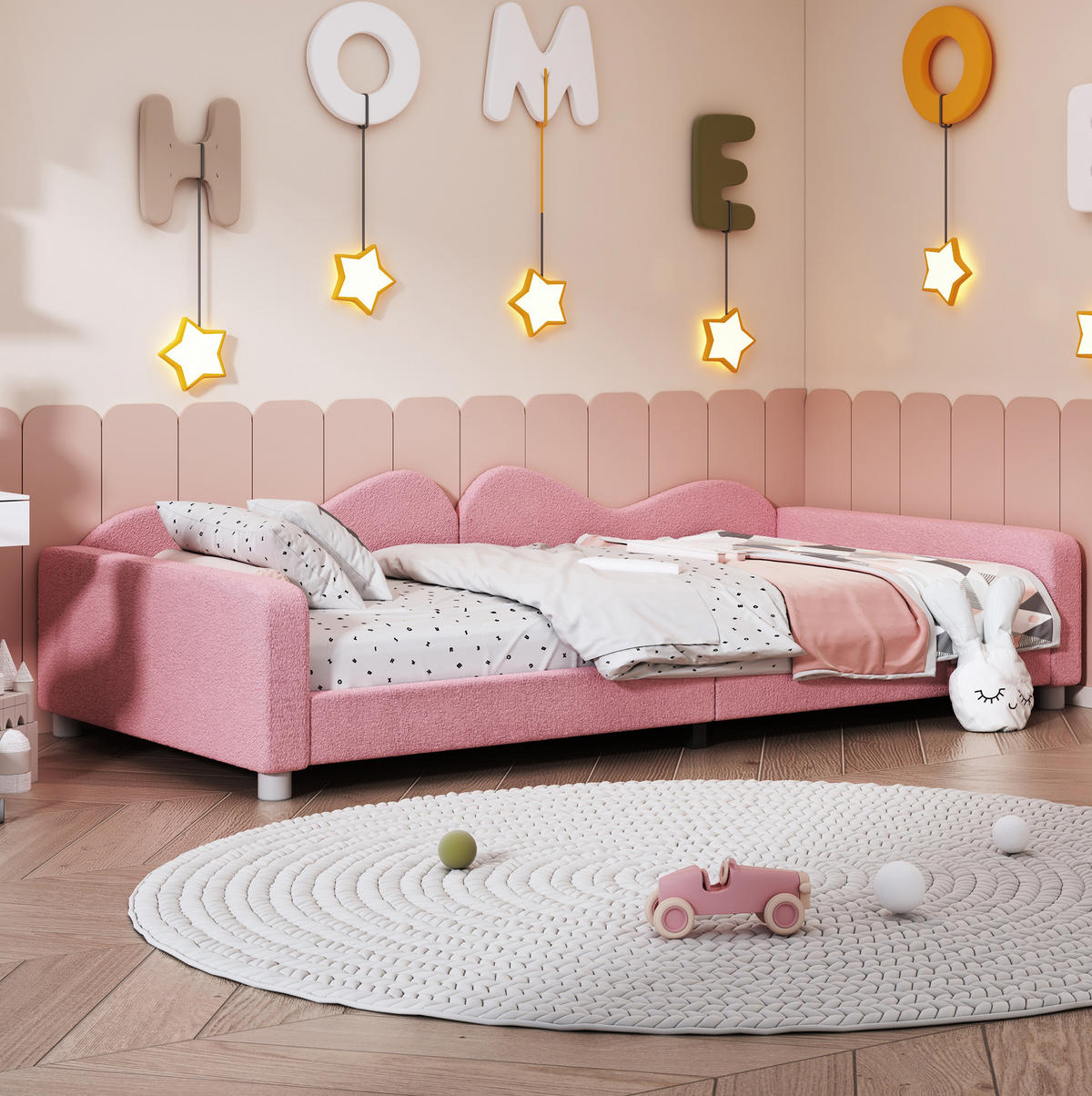 KINDEREINZELBETTEN aus Teddystoff 90x200 cm in Rosa mit Rückenlehne - Rosa, Textil (90/200cm) - Modfu