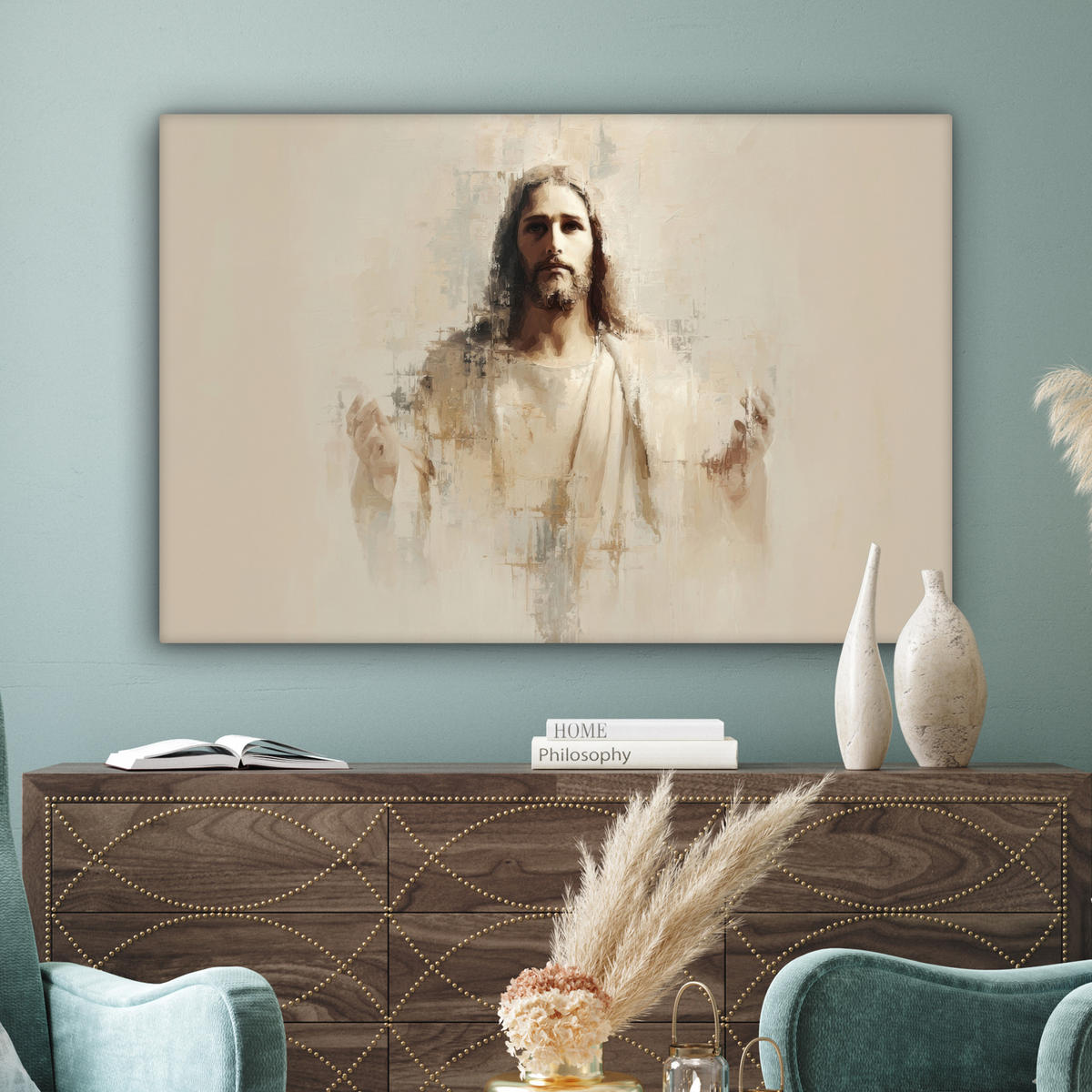 LEINWANDBILD Porträt - Abstrakt - Jesus - Beige Groß 140x90 cm - Beige, Textil (140/90cm) - MuchoWow
