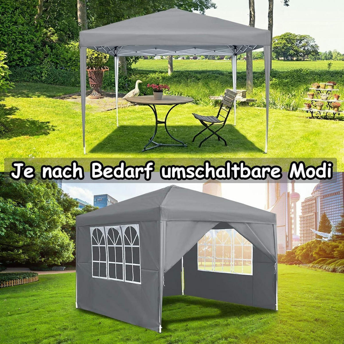 FALTPAVILLON 3x3m mit Seitenteilen und Fenstern Grau - Grau, Textil (300/260/300cm)