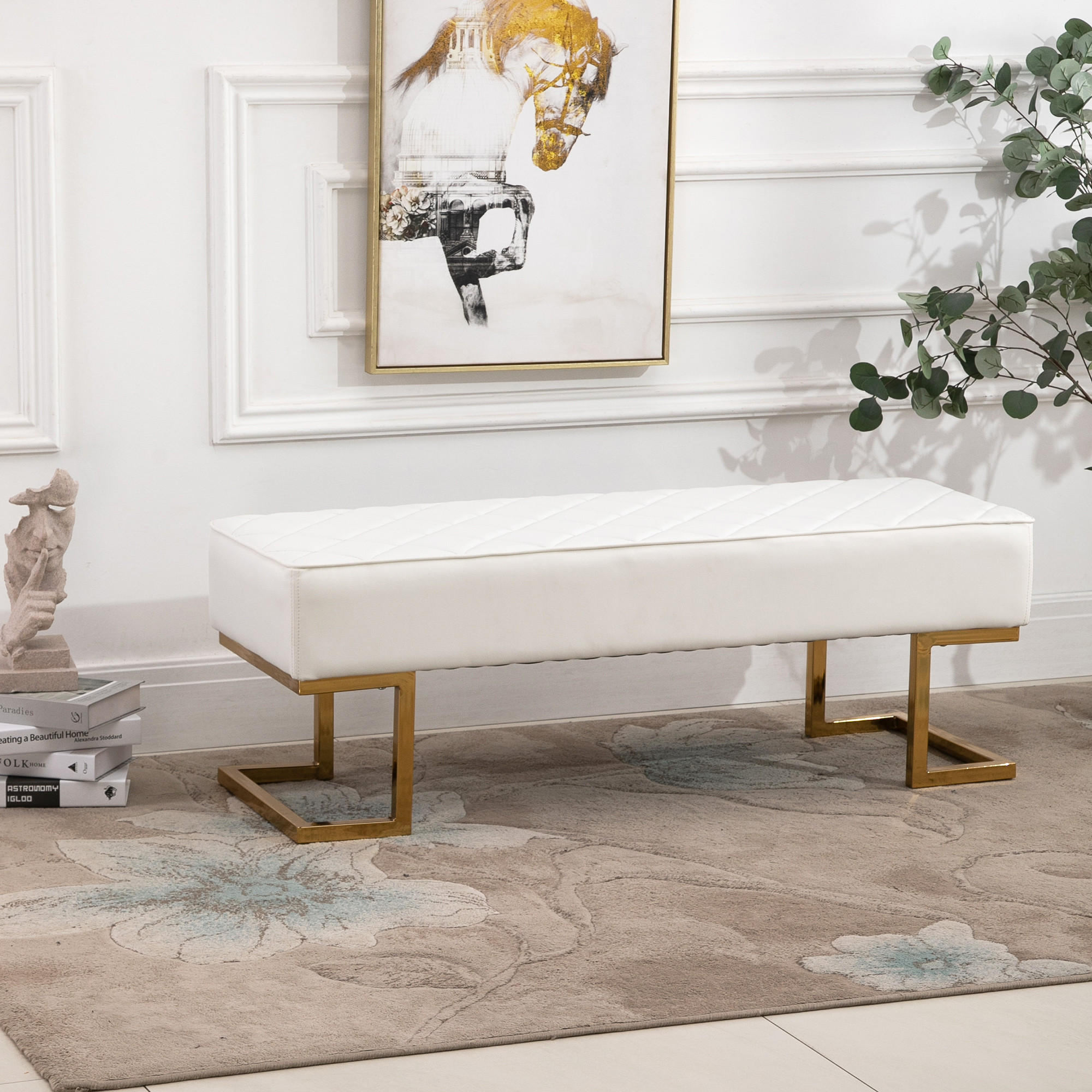 BETTBANK, Wohnzimmer, Kunstleder, Metall, Weiß+Gold, 120 x 43 x 42 cm - Weiß, Kunststoff (43/42/120cm) - HOMCOM