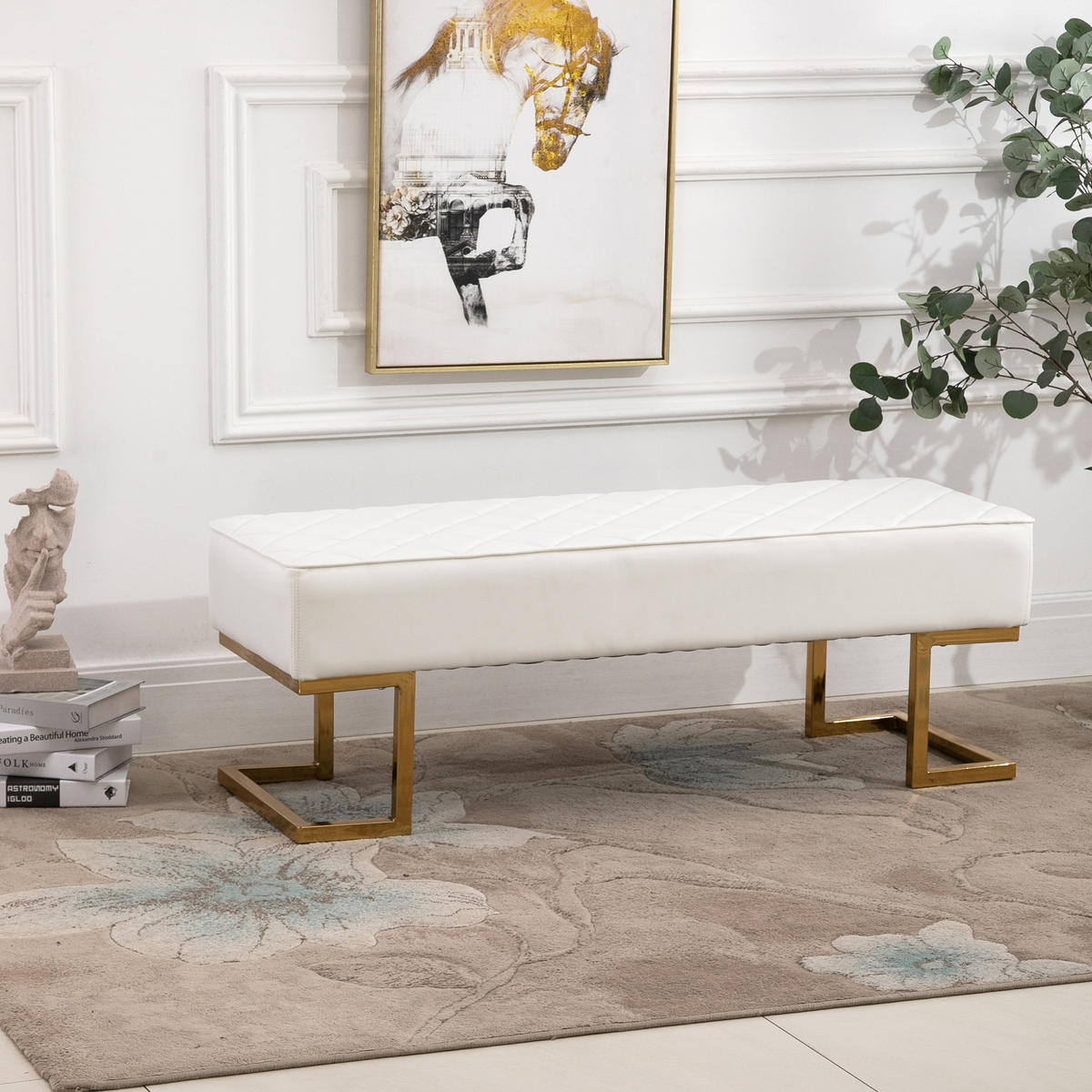 BETTBANK, Wohnzimmer, Kunstleder, Metall, Weiß+Gold, 120 x 43 x 42 cm - Weiß, Kunststoff (43/42/120cm) - HOMCOM