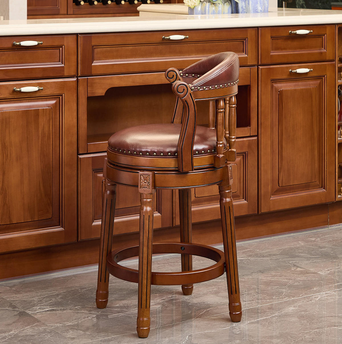 BARHOCKER drehbar Sitzhöhe ca. 66 cm Leder Holz Braun - Braun, Holz (54.8/96/54.8cm) - Meubliv