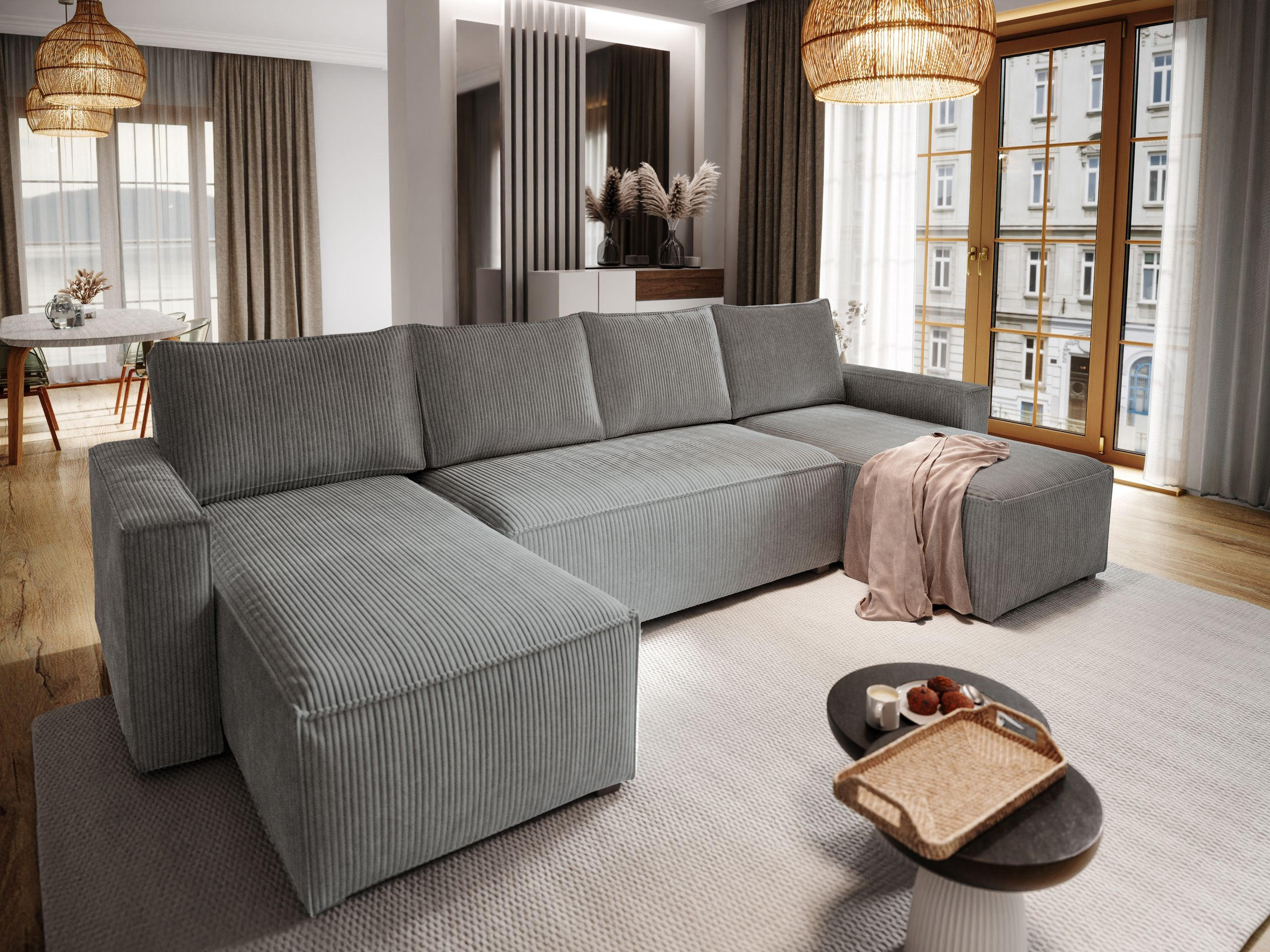 WOHNLANDSCHAFT ASPRA Grau Kordstoff mit Schlaffunktion - Grau, Holz (295/85/140cm) - MASSENO