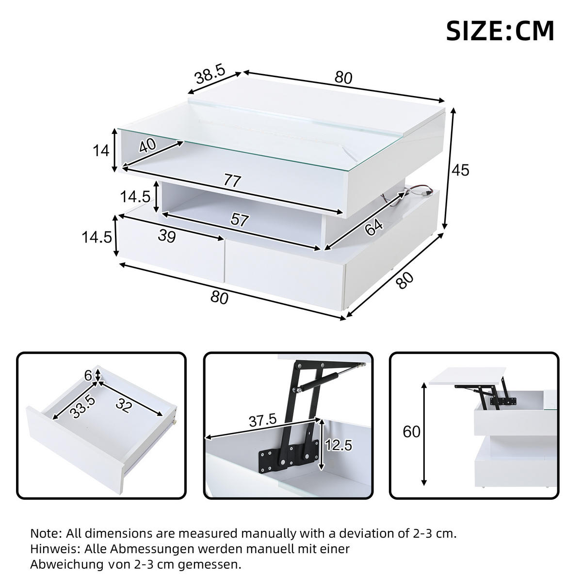 COUCHTISCH 80/80/45 cm weiß aus Spanplatte und gehärtetem Glas mit LED und Stauraum - Weiß, Holzwerkstoff (80/80/45cm) - OKMYHOME