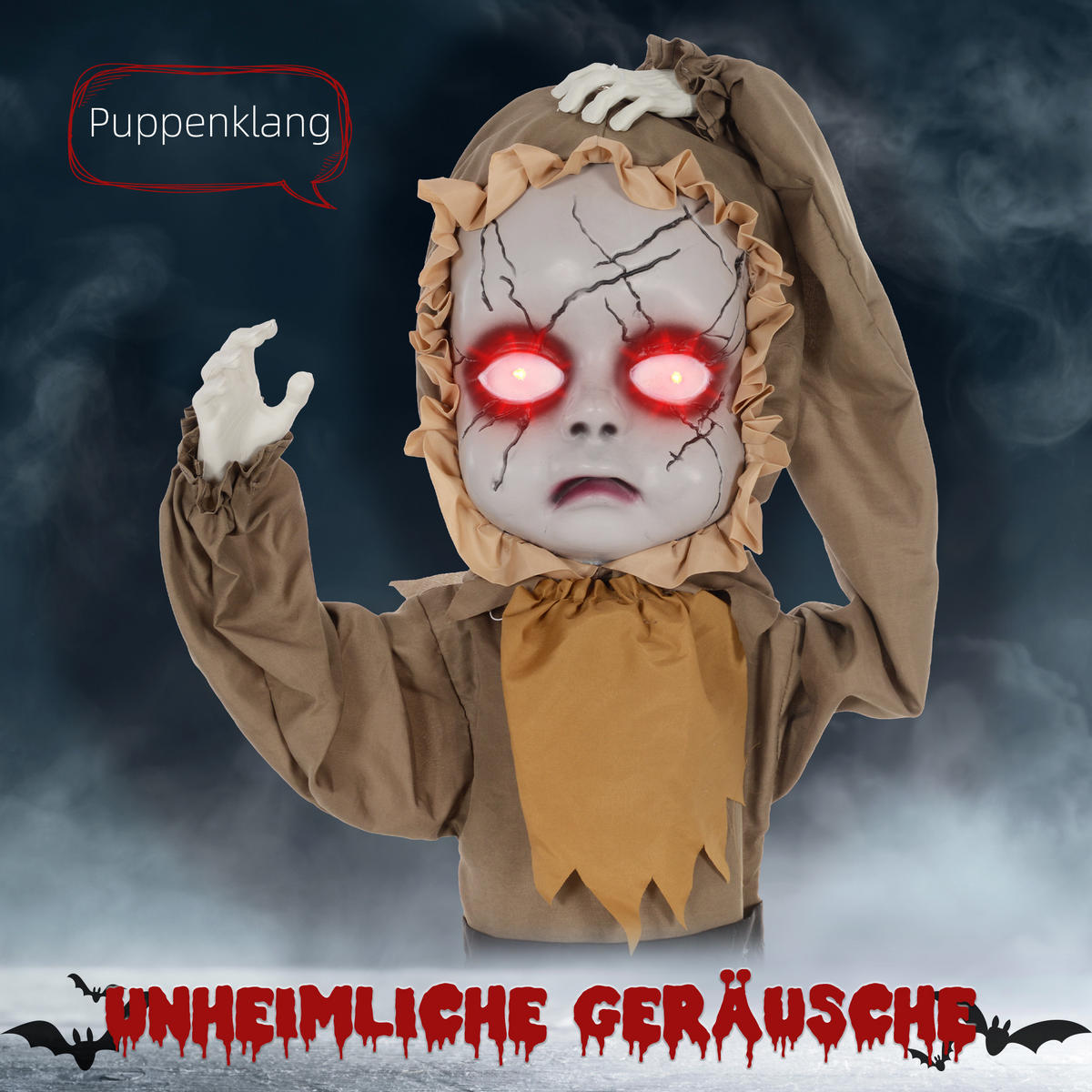 HALLOWEEN-DEKORATION Horrorpuppe 160 cm mit roten Augen, Geräuschaktivierung - Schwarz, Textil (18/160/60cm) - HOMCOM