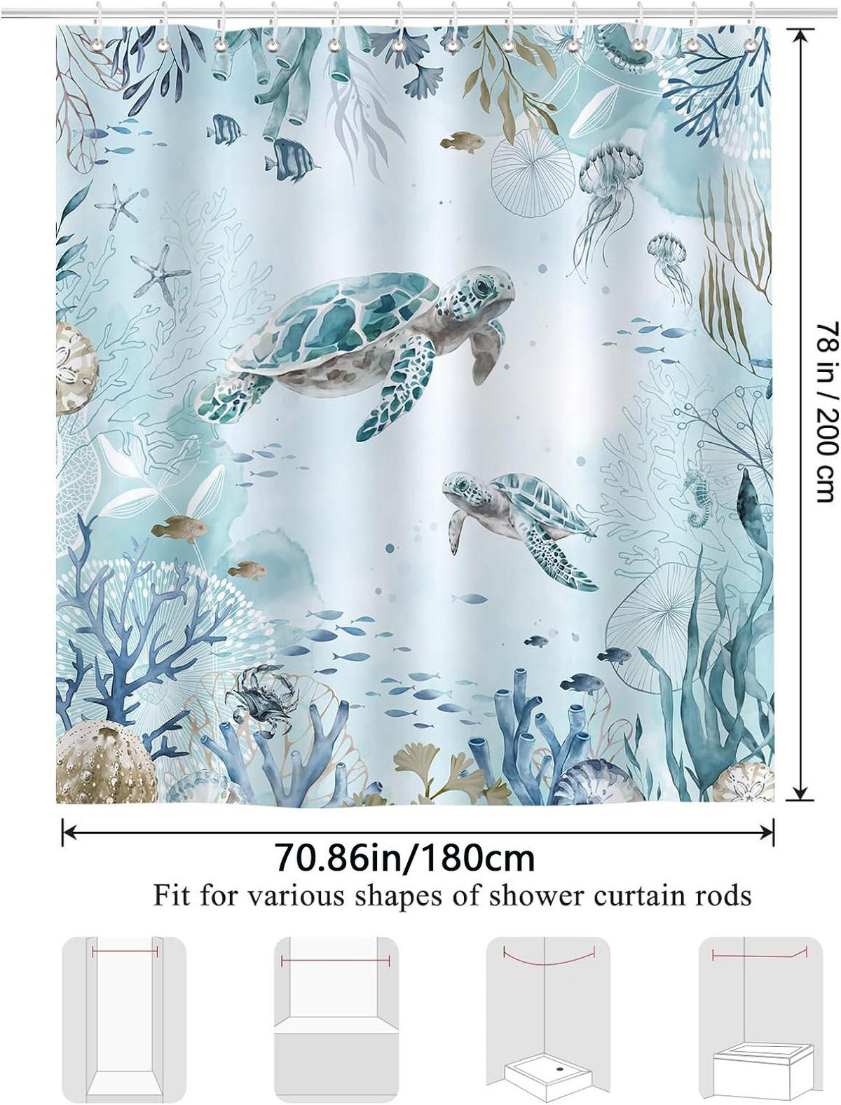 DUSCHVORHANG Schildkröte Strand 180 x 200 cm Polyester wasserdicht mit Haken - Multicolor, Textil (180/200cm) - MCBOSON