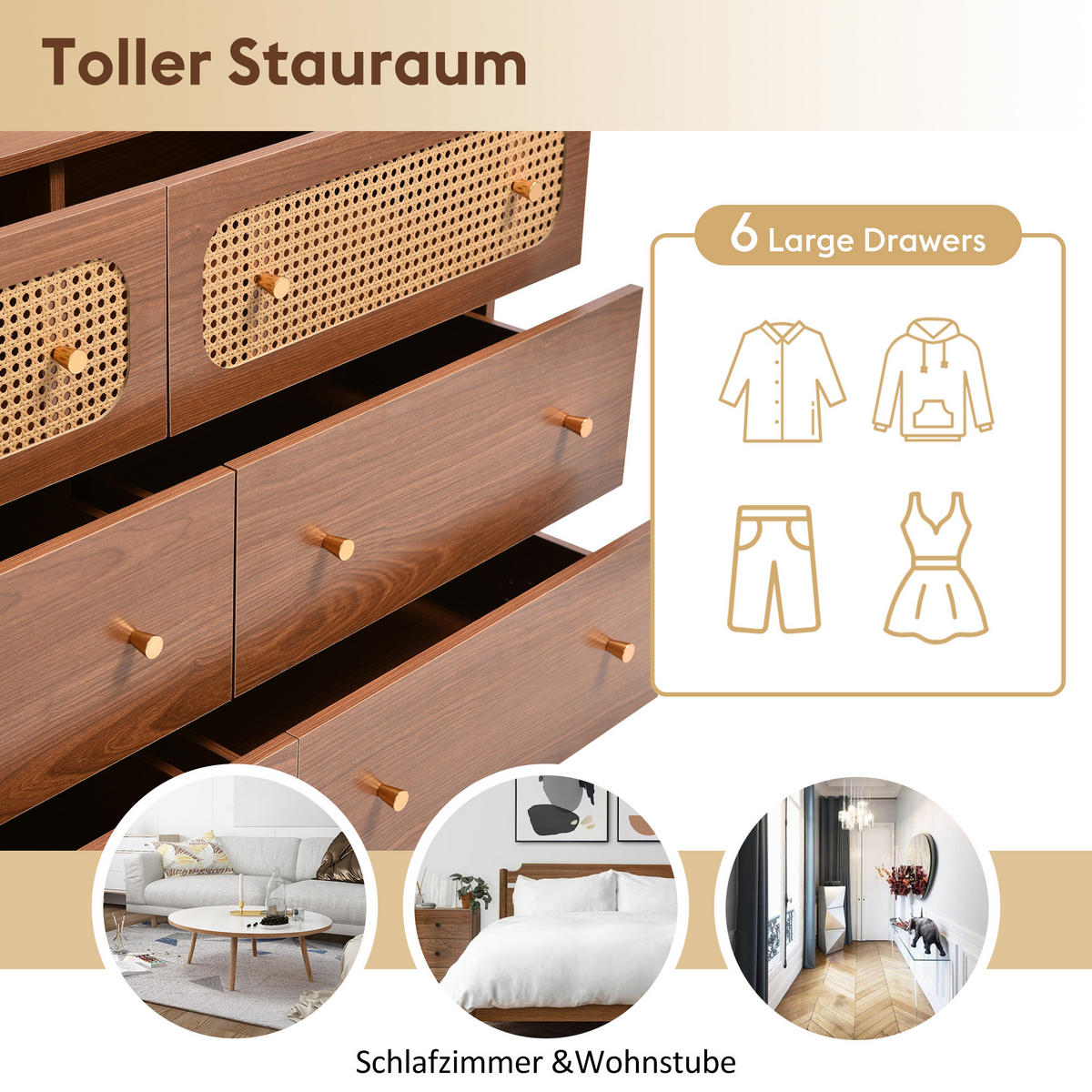 SIDEBOARD mit 6 Schubladen und Rattan-Elementen - Braun, Holzwerkstoff/Metall (120/90/40cm) - Urban Meuble