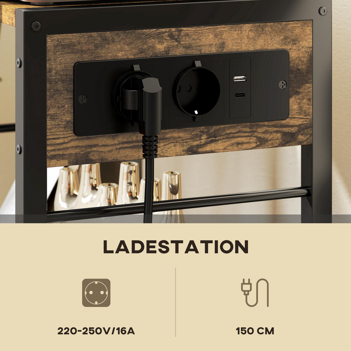 DRUCKERSTÄNDER Druckeregal mit Rollen, Steckdosen, USB- und USB-C-Anschlüsse - Rostfarben/Schwarz, Holzwerkstoff/Metall (28/64.5/42cm) - HOMCOM