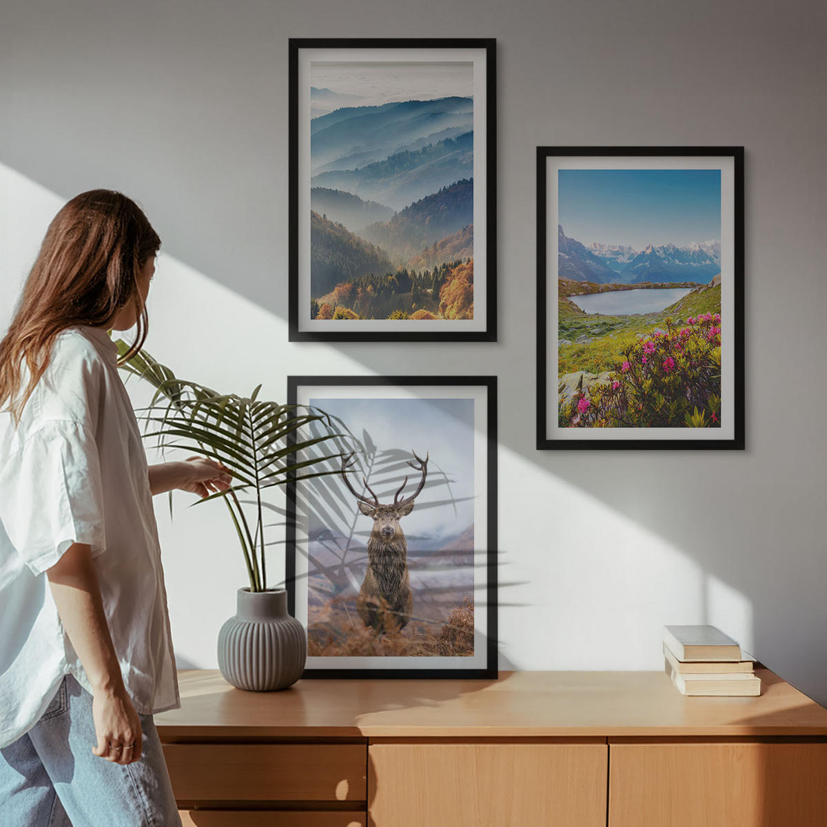 WANDBILDER 3er-Set - 40x60 cm Schwarzer Rahmen - Natur des Bergseehirsches - Schwarz, Kunststoff (40/60cm) - ArtPrintCave
