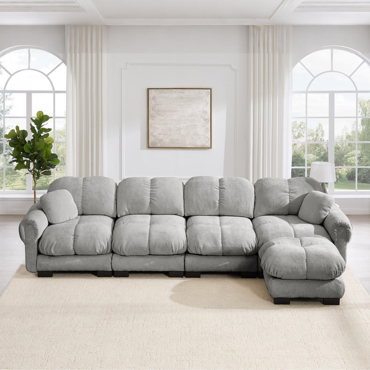 ECKSOFA DE-34384 4-Sitzer mit Steppdesign Hellgrau - Hellgrau, Textil (149/330cm) - ComfortXL