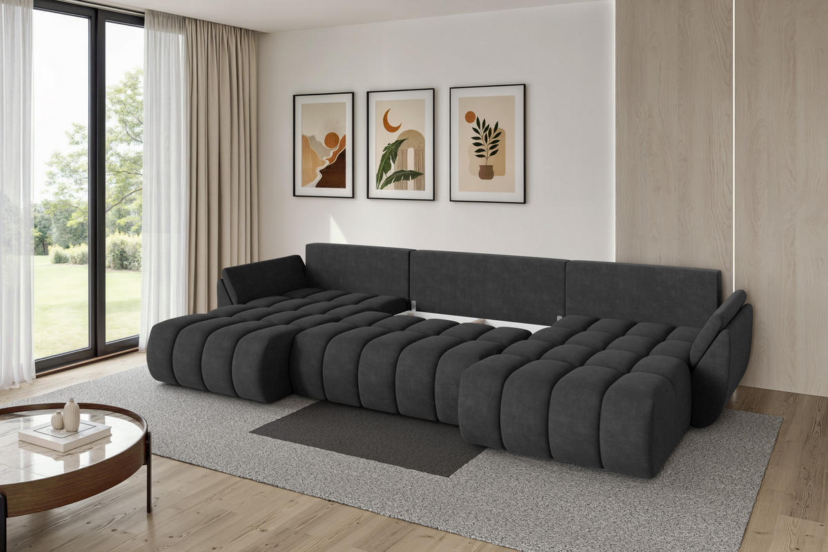 SEDACÍ SOUPRAVA DO U s funkcí spaní a úložným prostorem TOKO-U-v1 378x194x86 tmavě šedá velur - černá/antracitová, kompozitní dřevo/textil (378/86/194cm) - ALTDECOR