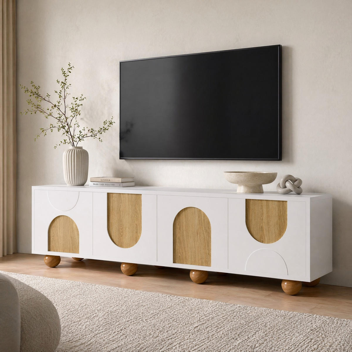 TV STOLEK přírodní a bílý, 4 dvířka, do obývacího pokoje, 175×38×50 cm - bílá/přírodní, kov/kompozitní dřevo (175/50/38cm) - STILVORA