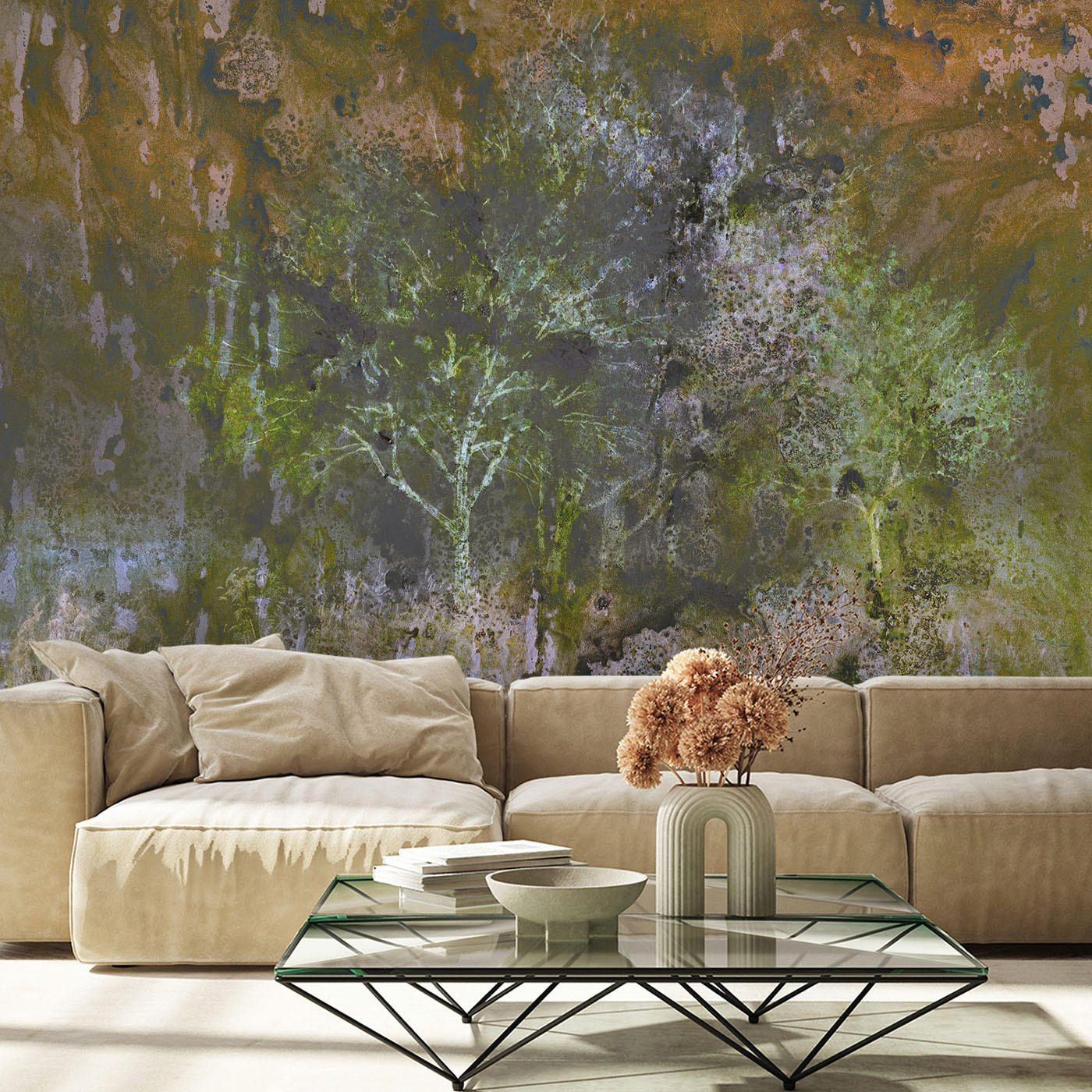 FOTOTAPETE, Ein blühender Baum in der wiese Aquarell - Braun, Papier (368/254cm) - Feeby