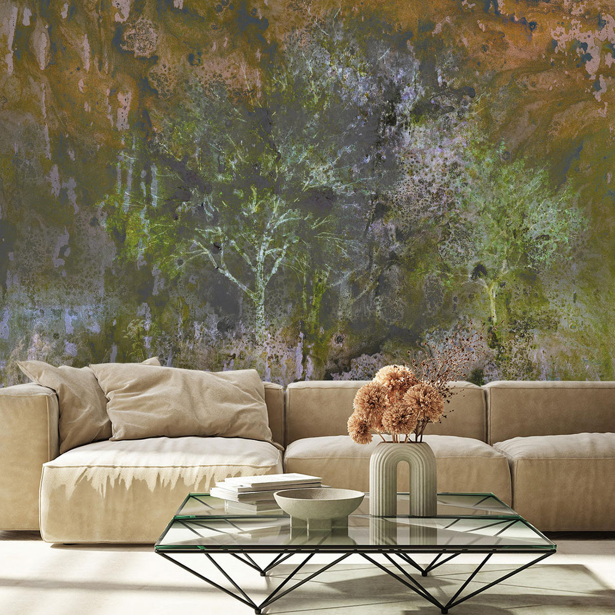 FOTOTAPETE, Ein blühender Baum in der wiese Aquarell - Braun, Papier (368/254cm) - Feeby