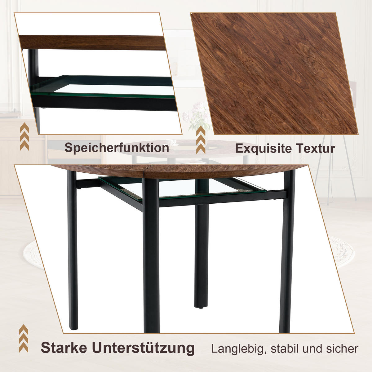ESSTISCH 100/100/76 cm Braun Schwarz mit Glasintarsie und Ablage aus MDF Metall - Braun, Holzwerkstoff (100/100/76cm) - OKWISH
