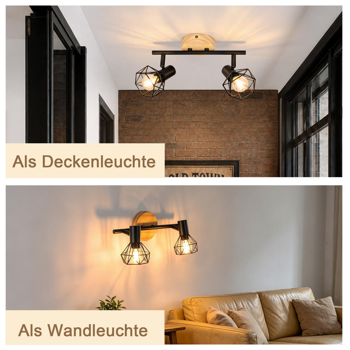 DECKENSTRAHLER Brythvin 28/9.2/15.3 cm - Schwarz/Braun, Holz/Metall (28/9.2/15.3cm) - ZMH