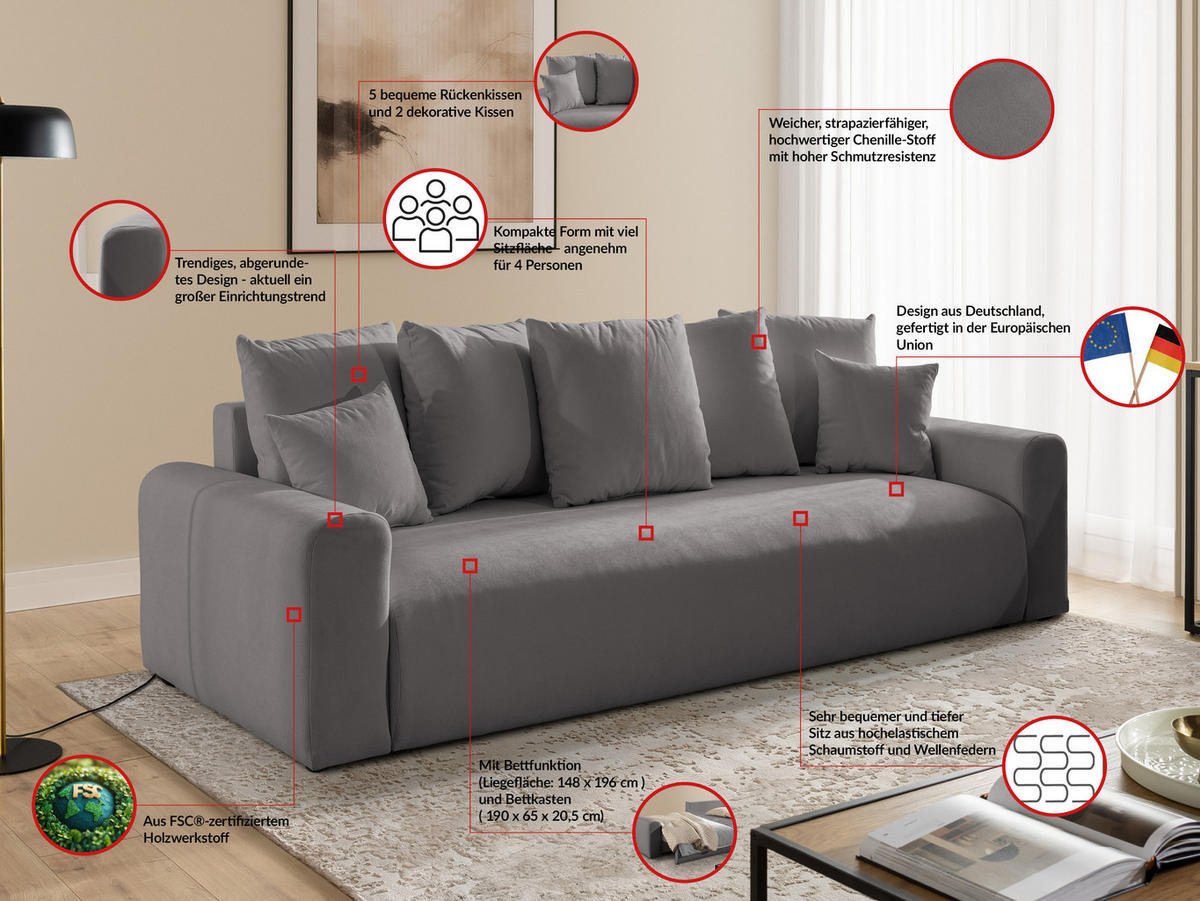 SCHLAFSOFA Calma mit Bettkasten im Bumpy-Design aus weichem Taupe Webstoff - Taupe/Schwarz, Holz/Kunststoff (239/88/98cm) - S-Style