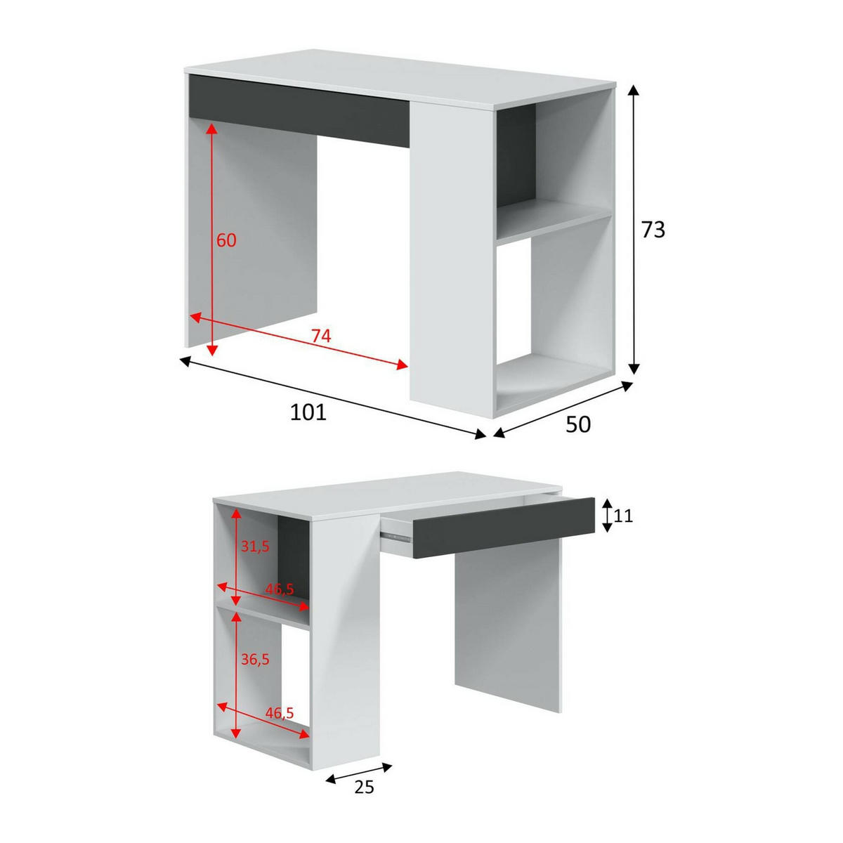 SCHREIBTISCH Weiß, Anthrazit 50/101/73 cm - Weiß, Holzwerkstoff (50/101/73cm) - DMORA