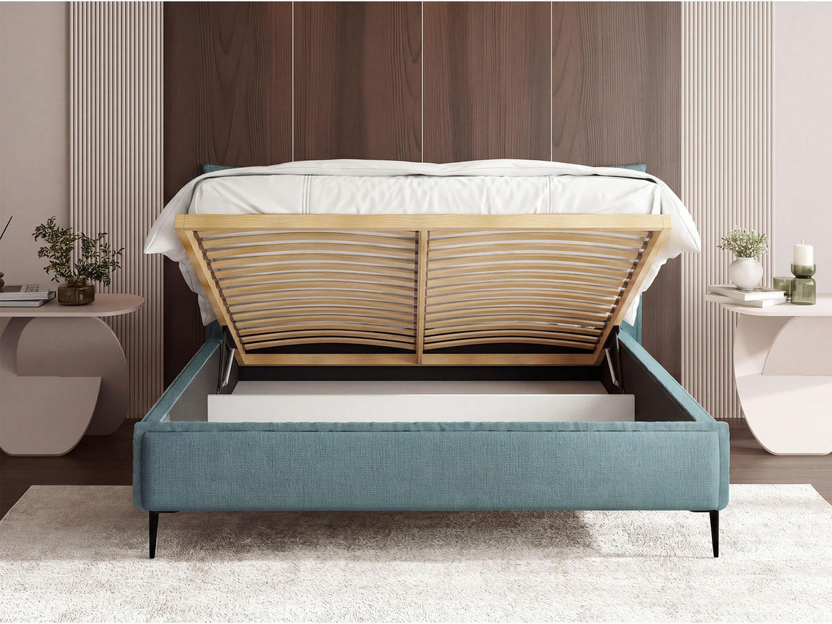 POLSTERBETT Pillow Rise mit Bettkasten, Lattenrost & hohen Metallfüßen in Türkis Chenille 180x200 cm - Türkis/Blau, Holz/Holzwerkstoff (180/200cm) - WFL GROUP