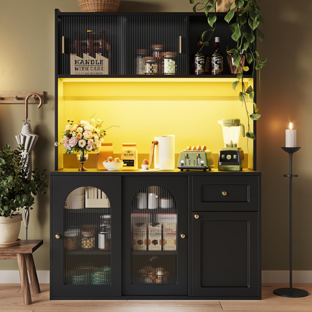 ANRICHTE 120/35/167 cm in Schwarz mit LED-Beleuchtung und Glastüren - Schwarz, Holzwerkstoff (120/167/35cm) - Flora Grace