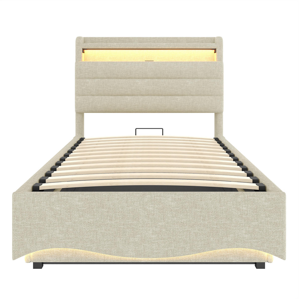 POLSTERBETT 90/200 cm Beige mit LED-Beleuchtung, Staufächern und Ablagen - Beige, Textil (90/200cm) - Homcomodar