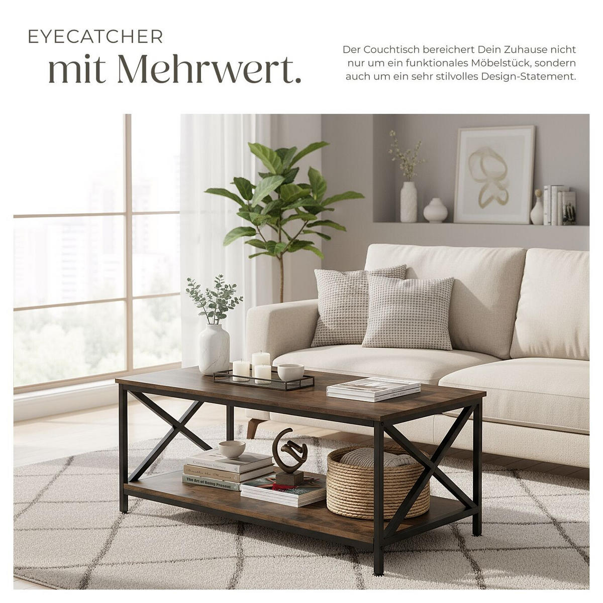 COUCHTISCH Pittsburgh,100 x 55 x 45,5 cm,Industrial Holz dunkel, rustikal - Rostfarben, Holzwerkstoff (100/55/45.5cm) - tectake