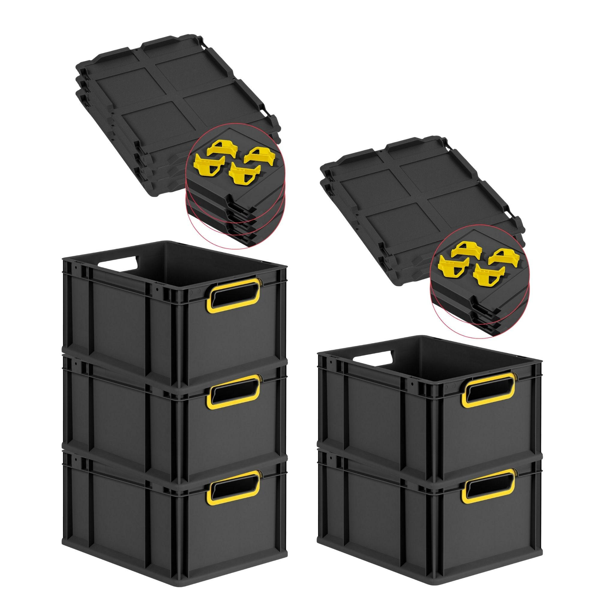 EUROBOX 5x NextGen Color mit Auflagedeckel 22x30x40 cm 20 Liter Schwarz Griffe gelb offen - Gelb/Schwarz, Kunststoff (30/22/40cm) - PROREGAL